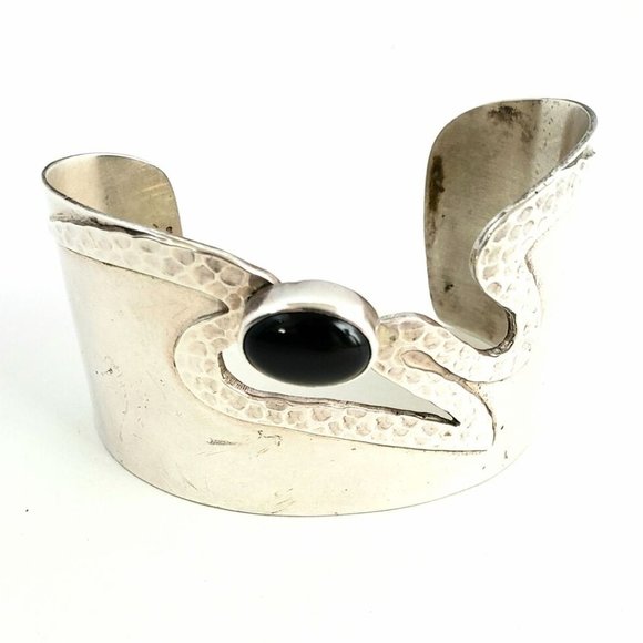 Carol Felley 1995 Sterling Onyx Cuff Bracelet - Picture 1 of 9